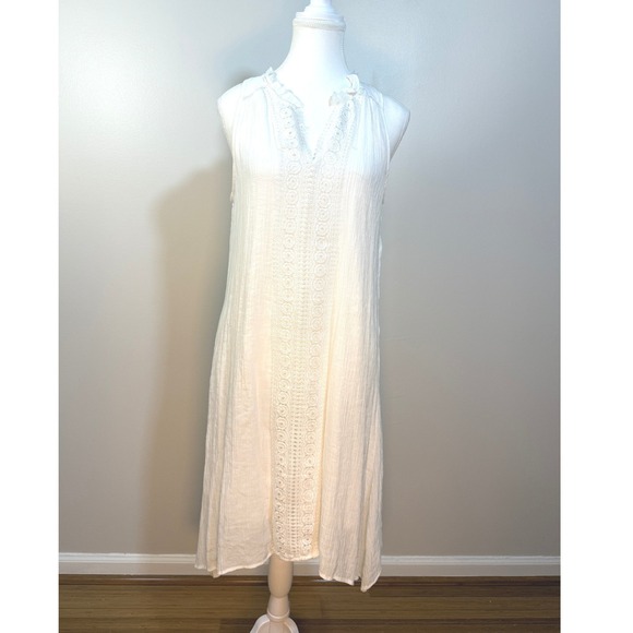 indigo Rose Dresses & Skirts - Indigo Rose Midi Dress Large White Crochet Lace Trim Sleeveless Gauze Boho Beach